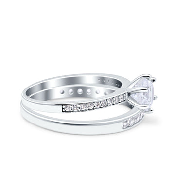 Two Piece Art Deco Wedding Bridal Ring Round Simulated Cubic Zirconia 925 Sterling Silver